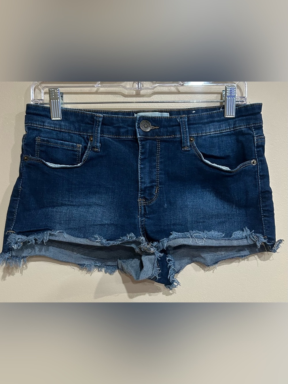 Y2K Mudd Denim Stretch Micro Shorts Distressed Fringe Size 11 Juniors Festival